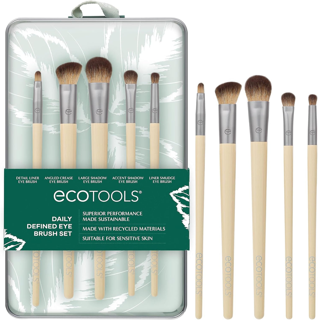 Daily Defined Eye Brush Set with Storage Tray - Eco-Friendly Synthetic Brushes for Versatile Eyeshadow and Eyeliner Application, Vegan and Cruelty-Free, 5-Piece Collection