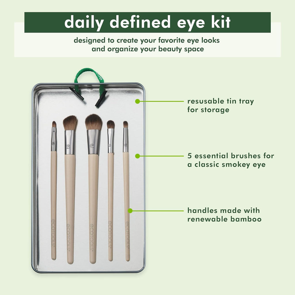 Daily Defined Eye Brush Set with Storage Tray - Eco-Friendly Synthetic Brushes for Versatile Eyeshadow and Eyeliner Application, Vegan and Cruelty-Free, 5-Piece Collection