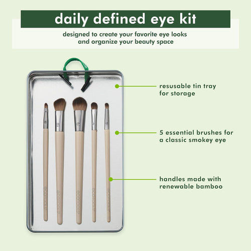 Daily Defined Eye Brush Set with Storage Tray - Eco-Friendly Synthetic Brushes for Versatile Eyeshadow and Eyeliner Application, Vegan and Cruelty-Free, 5-Piece Collection