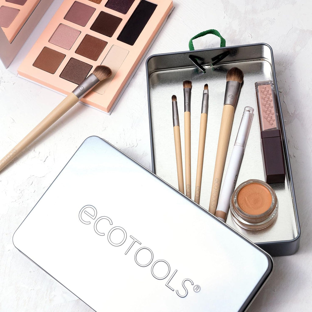 Daily Defined Eye Brush Set with Storage Tray - Eco-Friendly Synthetic Brushes for Versatile Eyeshadow and Eyeliner Application, Vegan and Cruelty-Free, 5-Piece Collection