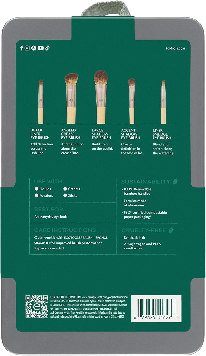 Daily Defined Eye Brush Set with Storage Tray - Eco-Friendly Synthetic Brushes for Versatile Eyeshadow and Eyeliner Application, Vegan and Cruelty-Free, 5-Piece Collection